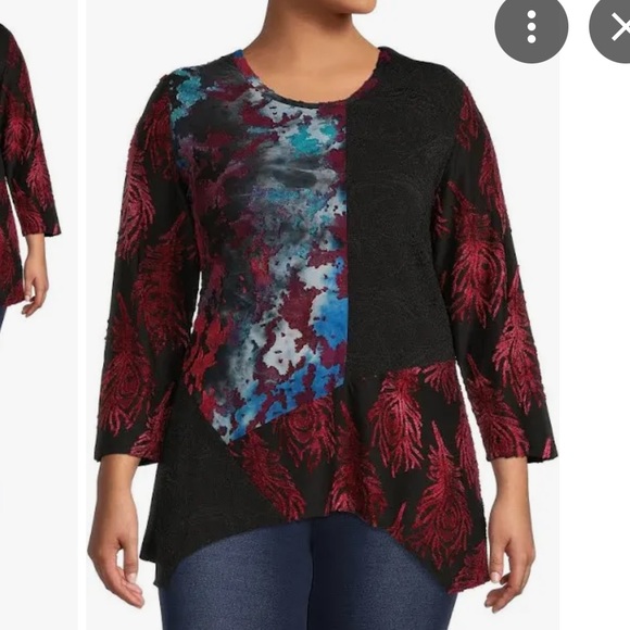 Calessa Patchwork Tie Dye Burnout Knit Cowl Neck 3/4 Sleeve Asymmetrical Tunic. - Picture 4 of 12